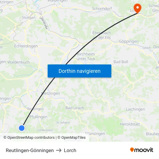 Reutlingen-Gönningen to Lorch map