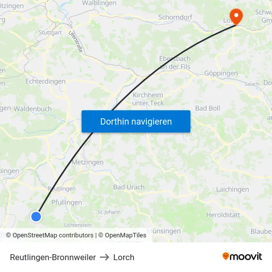 Reutlingen-Bronnweiler to Lorch map