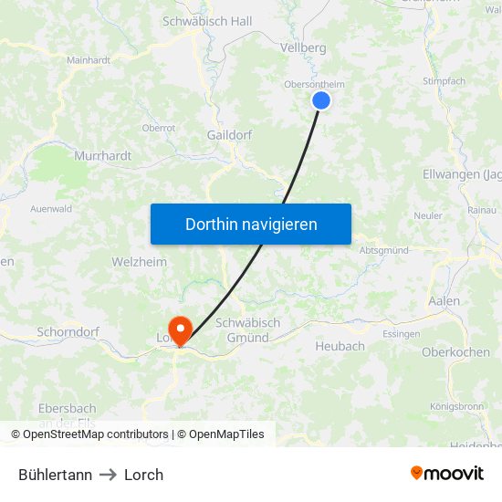 Bühlertann to Lorch map