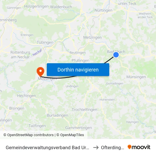 Gemeindeverwaltungsverband Bad Urach to Ofterdingen map