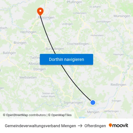 Gemeindeverwaltungsverband Mengen to Ofterdingen map