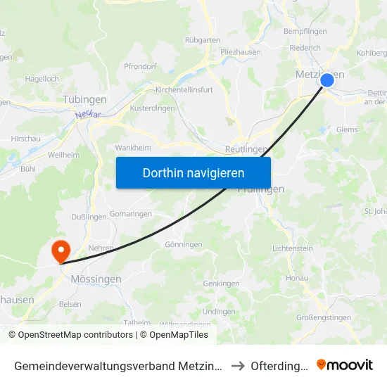 Gemeindeverwaltungsverband Metzingen to Ofterdingen map