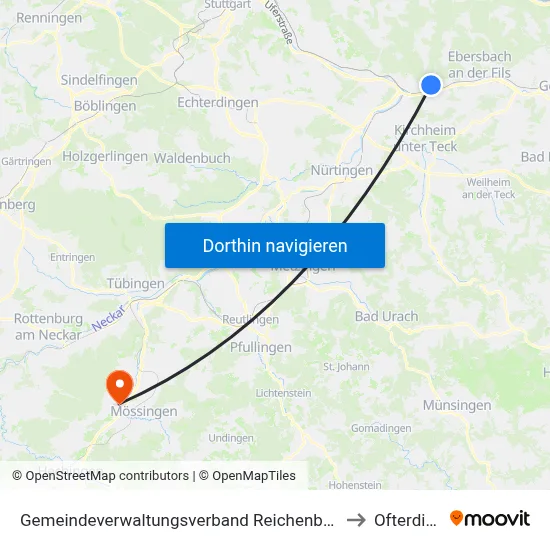Gemeindeverwaltungsverband Reichenbach An Der Fils to Ofterdingen map
