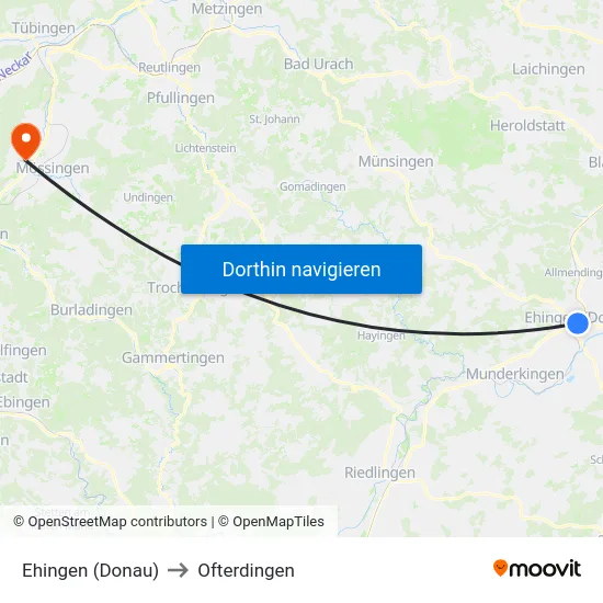Ehingen (Donau) to Ofterdingen map