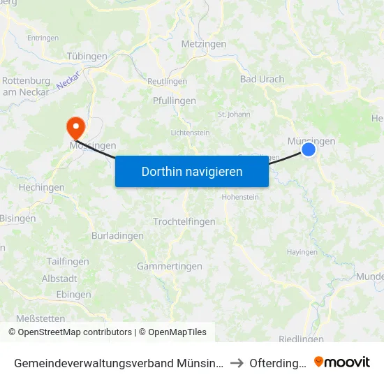 Gemeindeverwaltungsverband Münsingen to Ofterdingen map