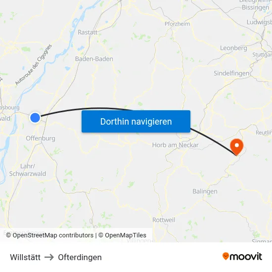 Willstätt to Ofterdingen map