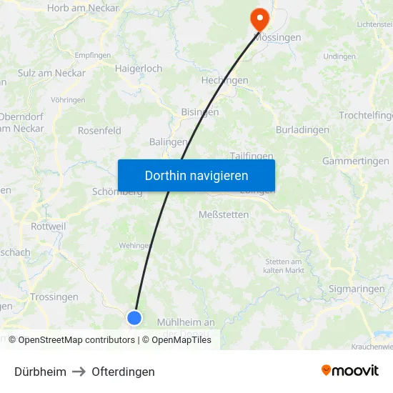 Dürbheim to Ofterdingen map