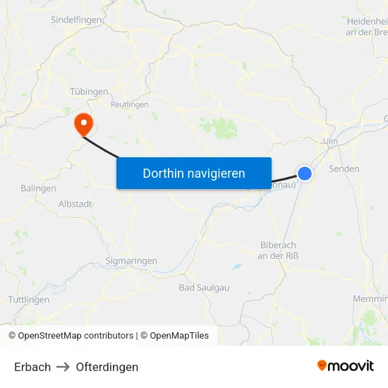 Erbach to Ofterdingen map