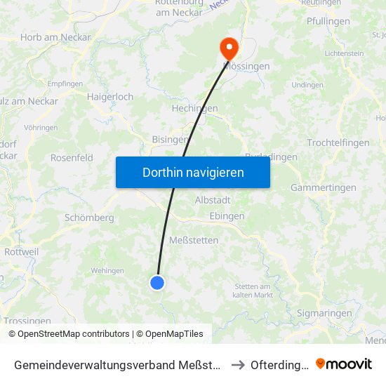 Gemeindeverwaltungsverband Meßstetten to Ofterdingen map