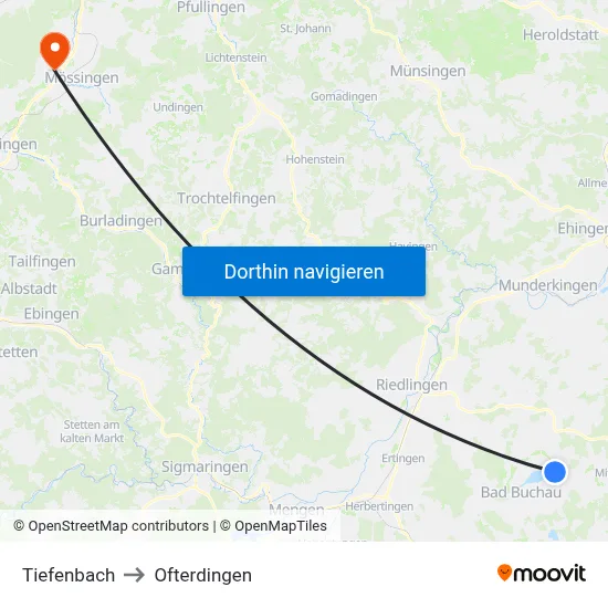 Tiefenbach to Ofterdingen map