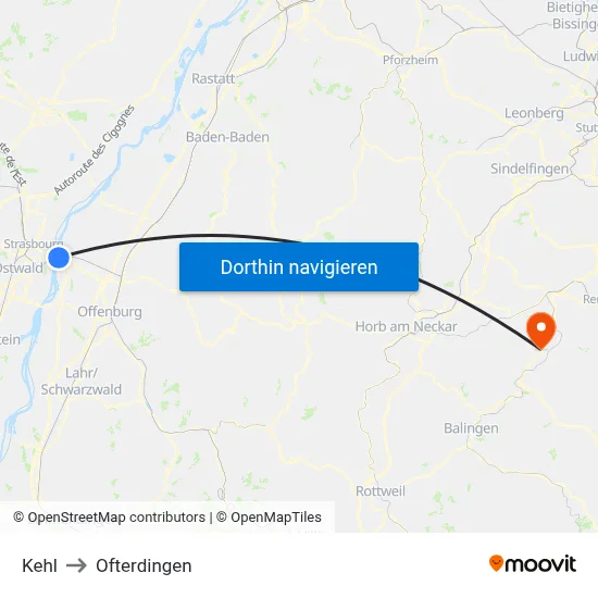 Kehl to Ofterdingen map