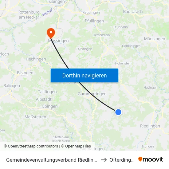 Gemeindeverwaltungsverband Riedlingen to Ofterdingen map