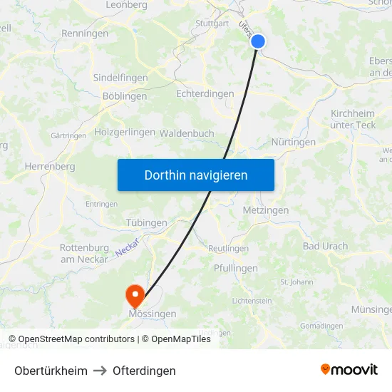 Obertürkheim to Ofterdingen map