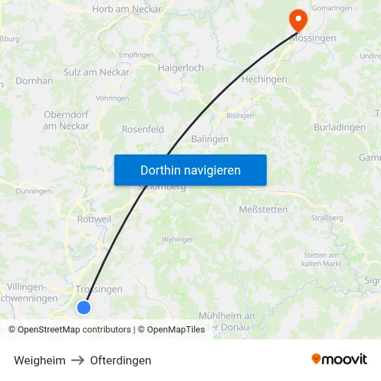 Weigheim to Ofterdingen map