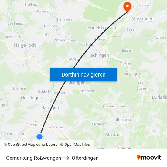 Gemarkung Roßwangen to Ofterdingen map