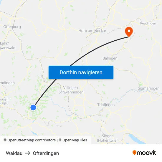 Waldau to Ofterdingen map