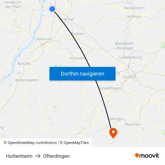 Huttenheim to Ofterdingen map