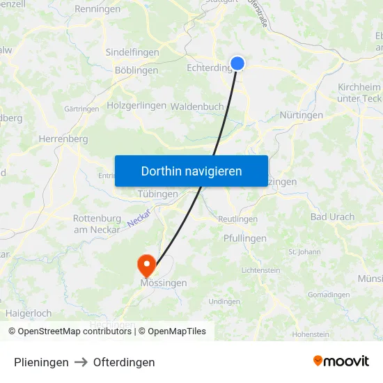 Plieningen to Ofterdingen map