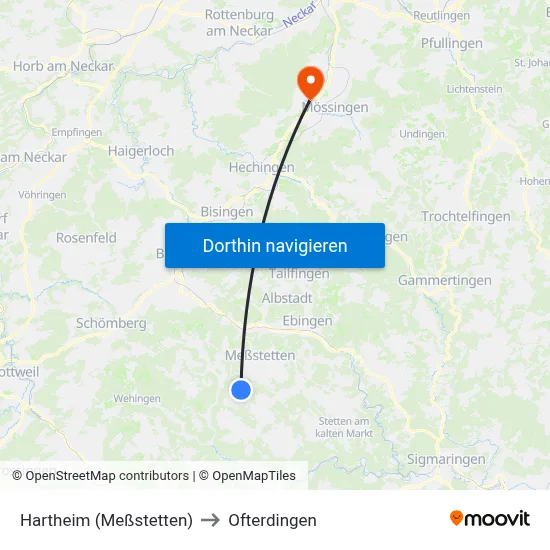 Hartheim (Meßstetten) to Ofterdingen map