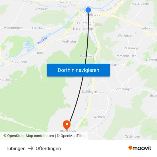 Tübingen to Ofterdingen map