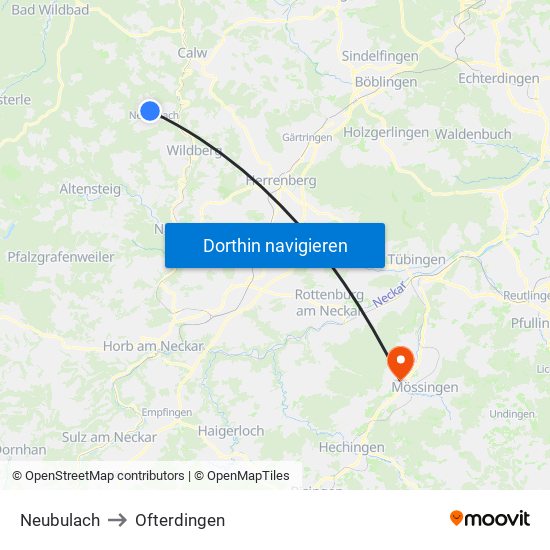 Neubulach to Ofterdingen map