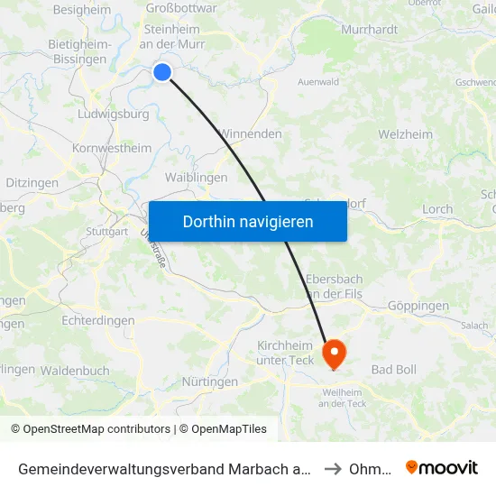 Gemeindeverwaltungsverband Marbach am Neckar to Ohmden map