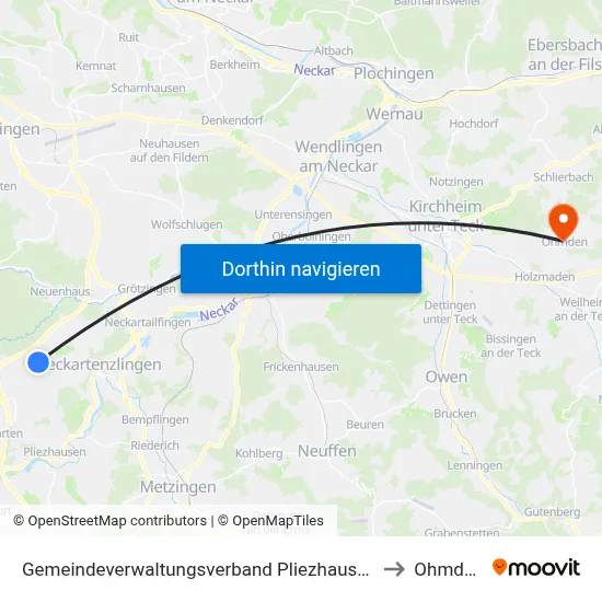 Gemeindeverwaltungsverband Pliezhausen to Ohmden map