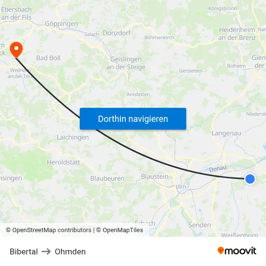 Bibertal to Ohmden map