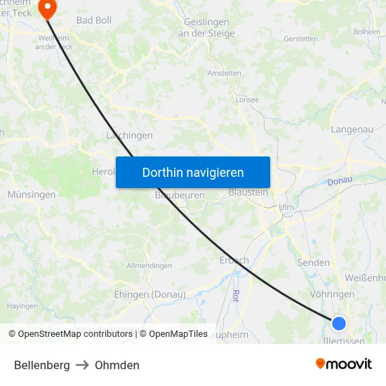Bellenberg to Ohmden map