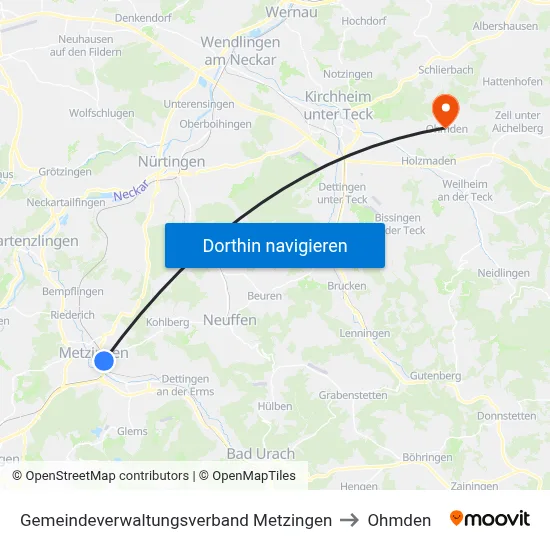 Gemeindeverwaltungsverband Metzingen to Ohmden map