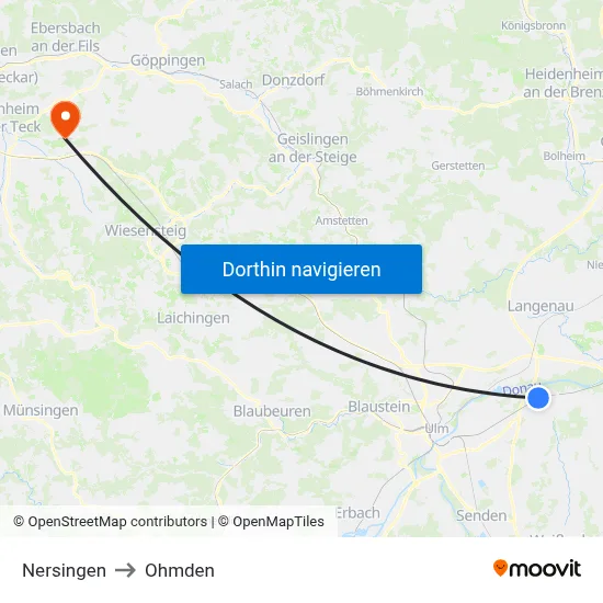 Nersingen to Ohmden map