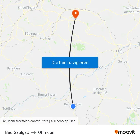 Bad Saulgau to Ohmden map