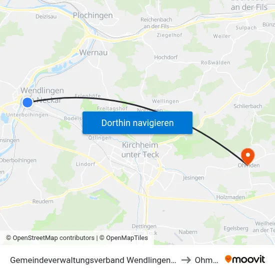 Gemeindeverwaltungsverband Wendlingen am Neckar to Ohmden map