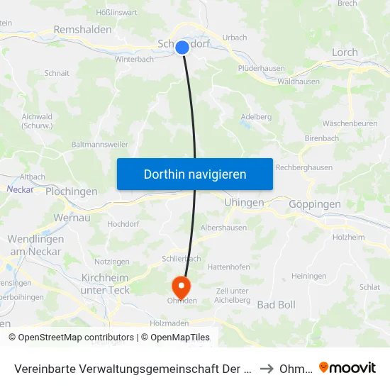 Vereinbarte Verwaltungsgemeinschaft Der Stadt Schorndorf to Ohmden map