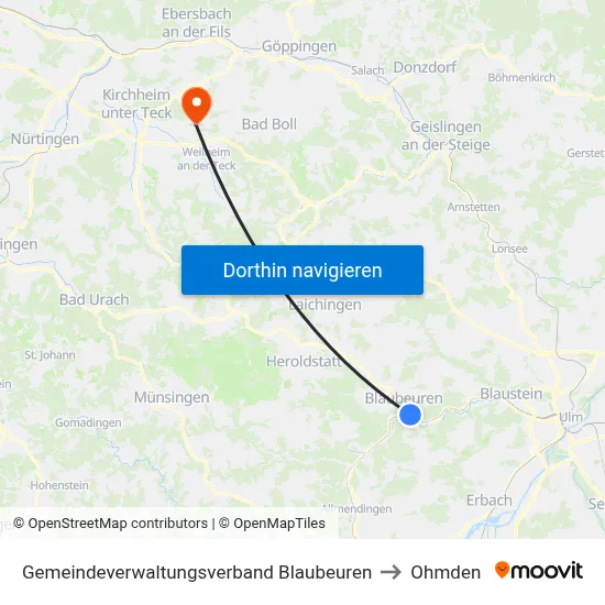 Gemeindeverwaltungsverband Blaubeuren to Ohmden map