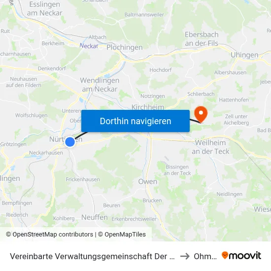 Vereinbarte Verwaltungsgemeinschaft Der Stadt Nürtingen to Ohmden map