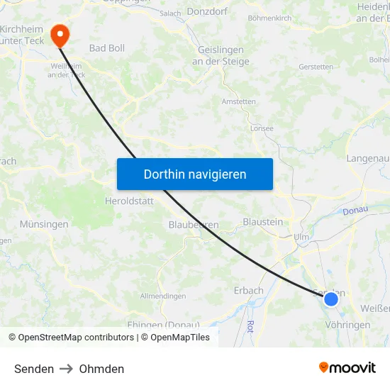 Senden to Ohmden map