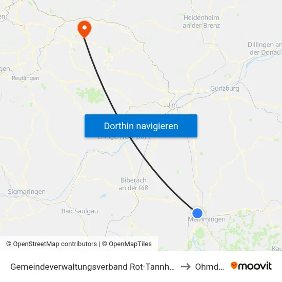 Gemeindeverwaltungsverband Rot-Tannheim to Ohmden map