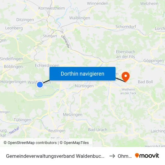 Gemeindeverwaltungsverband Waldenbuch/Steinenbronn to Ohmden map