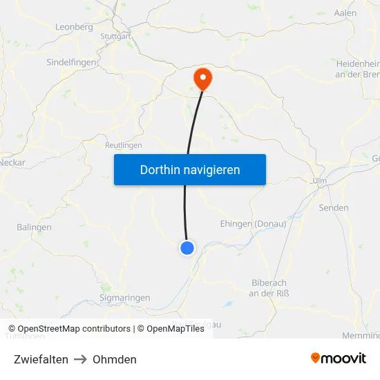 Zwiefalten to Ohmden map