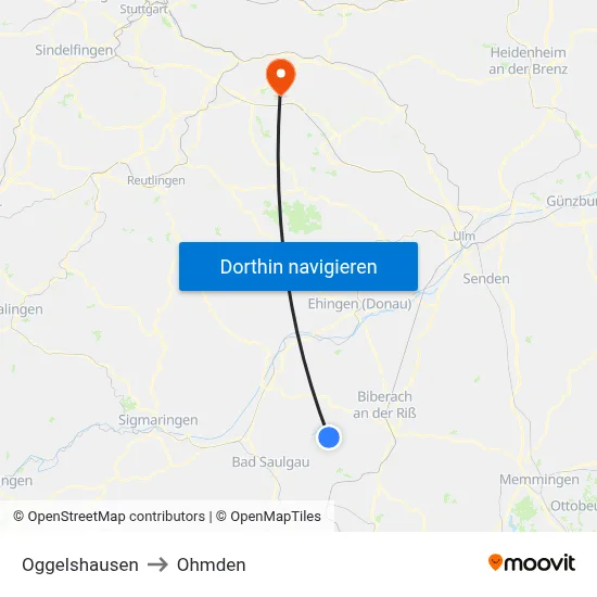 Oggelshausen to Ohmden map