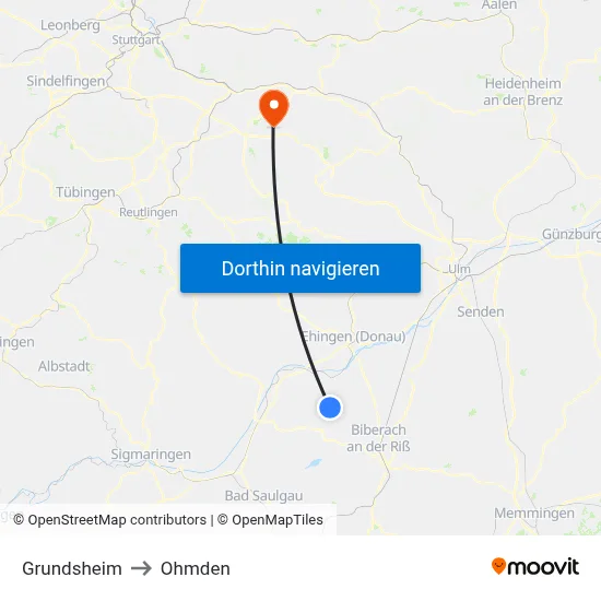 Grundsheim to Ohmden map