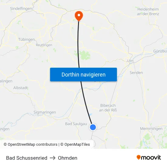 Bad Schussenried to Ohmden map