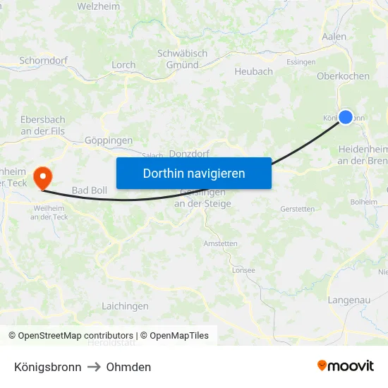 Königsbronn to Ohmden map