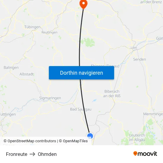 Fronreute to Ohmden map