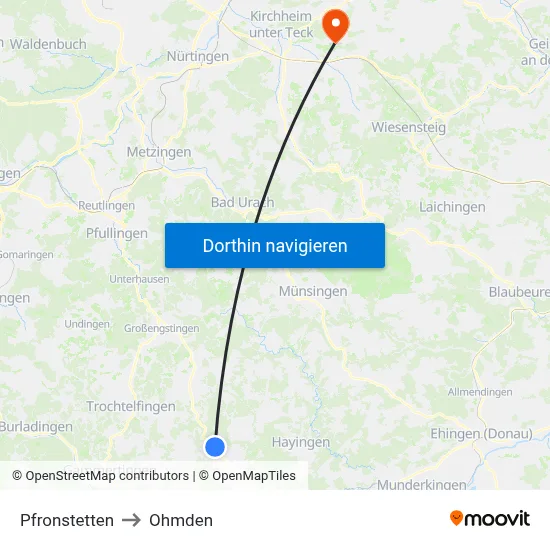 Pfronstetten to Ohmden map