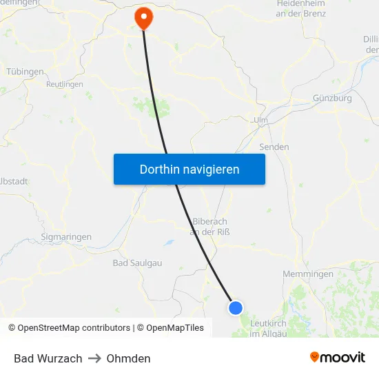 Bad Wurzach to Ohmden map