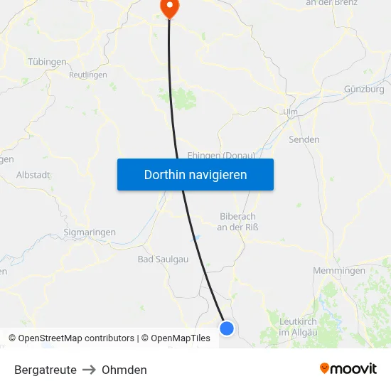 Bergatreute to Ohmden map