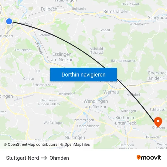 Stuttgart-Nord to Ohmden map