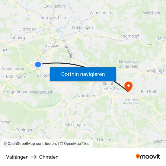 Vaihingen to Ohmden map